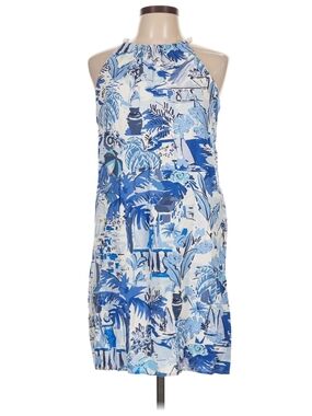 London Times Blue & White Strapless Halter Shift Dress